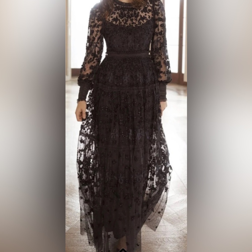Needle and thread Emiliana gown long sleeve in black size 10